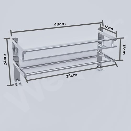 Well Set Stainless Steel Bathroom Wall Shelf with Railing & Towel Holder | Wall Mounted Multipurpose Rack for Bathroom, Kitchen & Living Room | Durable Chrome Finish (16x10 Inch) - Image 2