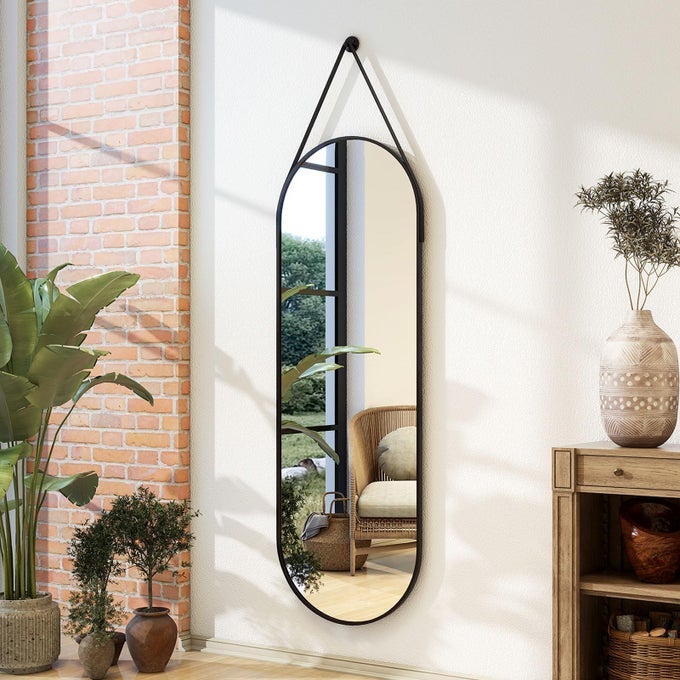 16X48 FULL LENGTH MIRROR MODERN OVAL DOOR MIRROR FULL LENGTH WITH HANGING LEATHER CORD WALL MOUNTED MIRROR WITH HANGING LEATHER STRAP FOR BATHROOM VANITY LIVING ROOM BEDROOM ENTRANCEBLACK