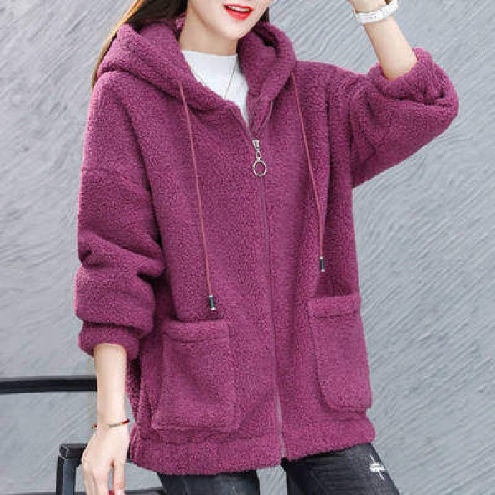 2022 Lamb Wool Hoodie Women Thick Korean Zip Up Coffee - Image 3