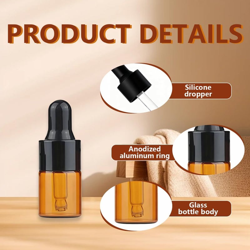 UPSTORE 24PCS Empty Refill Mini Amber Glass Essential Oil Dropper Bottle Jars Packing Vials with Black Rubber Cap Cosmetic Perfume Sample Liquid Storage Holder Containder Makepup Beauty Tool(3ml) - Image 4