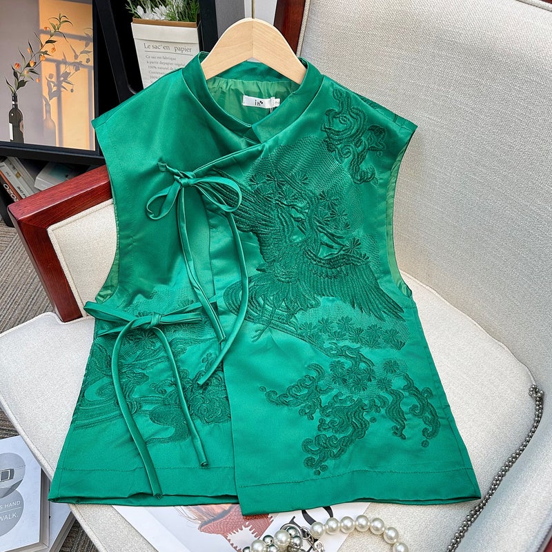 Real Shot Chinese Vest Coat Womens New National Fashion Vintage Heavy Industry White Stork Embroidered Lace-up Chinese Style Vest Top Green