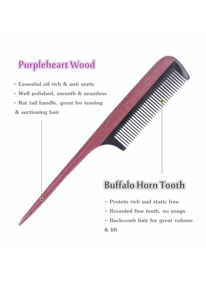 Breezelike Hair Combs - Fine Tooth Wooden Tail Comb - No Static Purpleheart Wood Comb with Black Buffalo Horn Teeth - Image 3