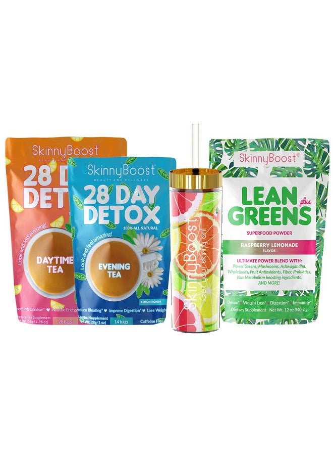 SkinnyBoost Skinny Boost Tea Kit-1 Daytime Tea (28 Bags) 1 Evening Detox Tea (14 Bags), Lean Greens Plus Superfood Powder, FREE Tumbler, Non GMO, Vegan, All Natural Detox and Cleanse - Image 1