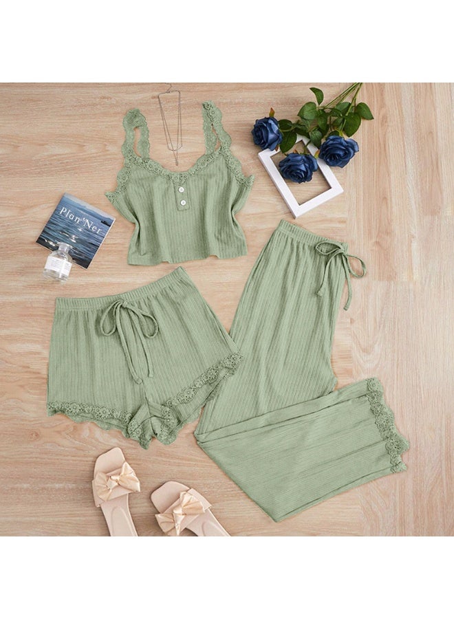 Summer European & American Style Lace - Trimmed Ribbed Camisole 3 - Piece Set - Slim - Fit Outerwear - Friendly Shorts & Pants Loungewear