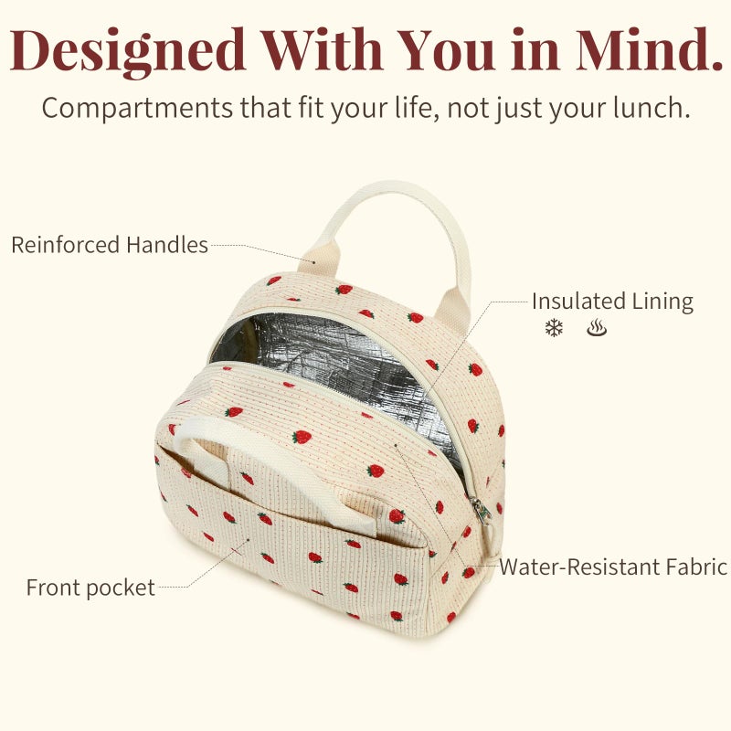LOVELYWIND Insulated Strawberry Lunch Bag for Women, Stylish Corduroy Tote with Aluminum Lining, Large Capacity Reusable Cooler for Work, Travel, Beach or Picnic, Beige Cream Water-Resistant Lunch Box - Image 4