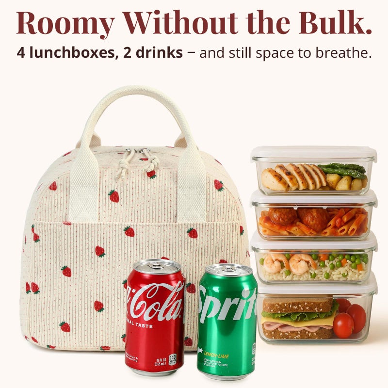 LOVELYWIND Insulated Strawberry Lunch Bag for Women, Stylish Corduroy Tote with Aluminum Lining, Large Capacity Reusable Cooler for Work, Travel, Beach or Picnic, Beige Cream Water-Resistant Lunch Box - Image 2
