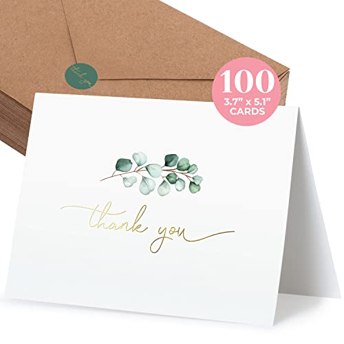 Durabasics 100 Heavyweight Blank Thank You Cards with Envelopes for a Personal Touch, Eucalyptus Thank You Card for Any Occasion, Wedding, Bulk Pack Card with Envelopes & Stickers (3.7 x 5.1 Inches) (100 Pack) - Image 1