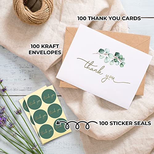 Durabasics 100 Heavyweight Blank Thank You Cards with Envelopes for a Personal Touch, Eucalyptus Thank You Card for Any Occasion, Wedding, Bulk Pack Card with Envelopes & Stickers (3.7 x 5.1 Inches) (100 Pack) - Image 3