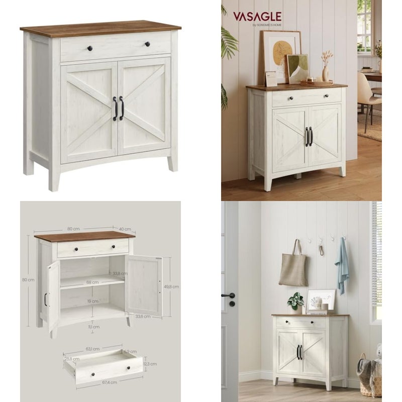 Sideboard, Storage Cabinet with Drawer, Kitchen Cabinet with Doors and Height Adjustable Shelf, Farmhouse Style, for Living Room, Dining Room, Rustic White and Honey Brown BBK341W01 - Image 1