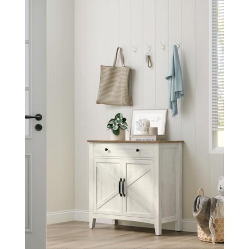 Sideboard, Storage Cabinet with Drawer, Kitchen Cabinet with Doors and Height Adjustable Shelf, Farmhouse Style, for Living Room, Dining Room, Rustic White and Honey Brown BBK341W01 - Image 5