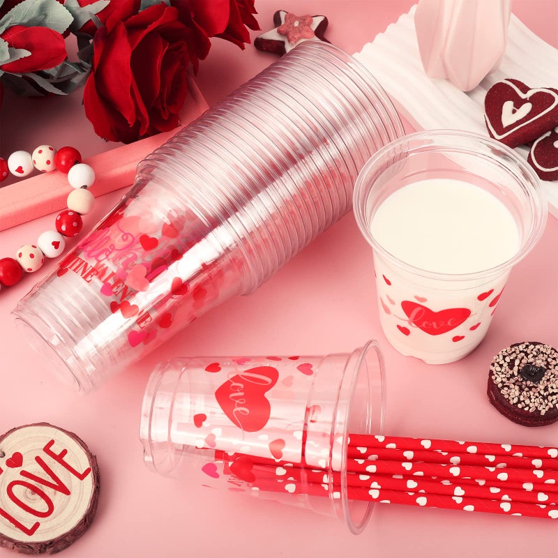 Whaline 50Pcs 12oz Valentine's Day Cups Pink Red Disposable Clear Plastic Cups with Heart Straw for Coffee Juice Drinks Party Supplies - Image 5