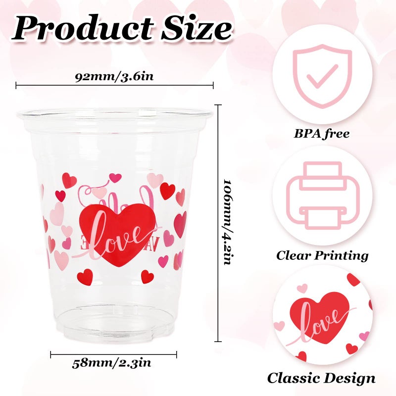 Whaline 50Pcs 12oz Valentine's Day Cups Pink Red Disposable Clear Plastic Cups with Heart Straw for Coffee Juice Drinks Party Supplies - Image 2