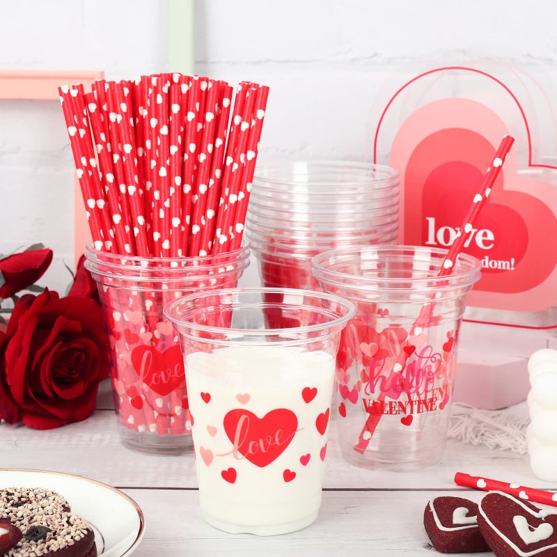 Whaline 50Pcs 12oz Valentine's Day Cups Pink Red Disposable Clear Plastic Cups with Heart Straw for Coffee Juice Drinks Party Supplies - Image 4