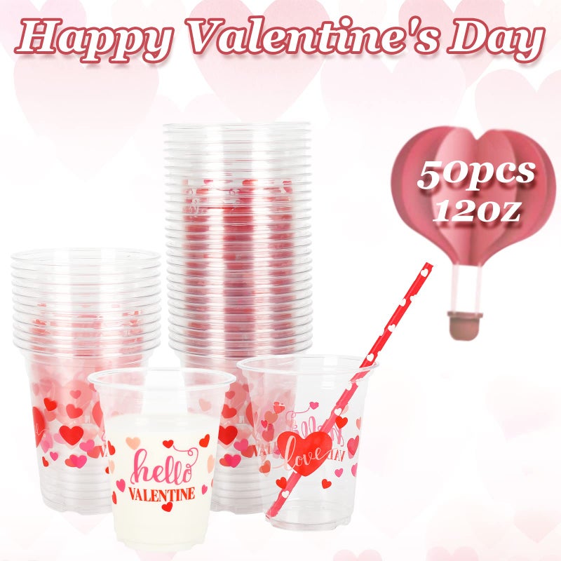 Whaline 50Pcs 12oz Valentine's Day Cups Pink Red Disposable Clear Plastic Cups with Heart Straw for Coffee Juice Drinks Party Supplies - Image 3