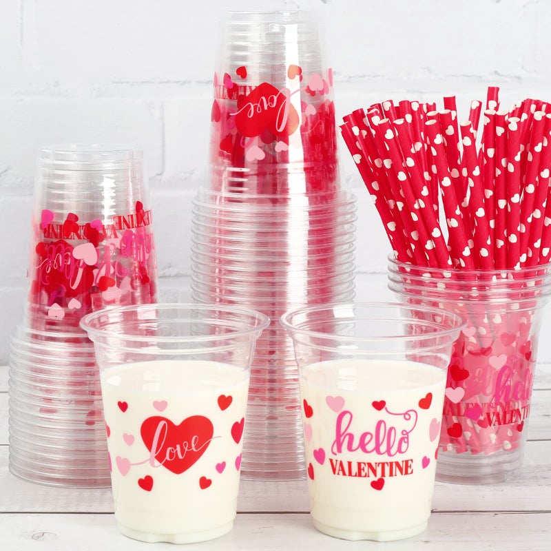 Whaline 50Pcs 12oz Valentine's Day Cups Pink Red Disposable Clear Plastic Cups with Heart Straw for Coffee Juice Drinks Party Supplies - Image 1