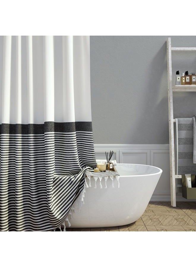Dynamene Modern Farmhouse Fabric Shower Curtain - Cotton Cloth Grey and White Striped Shower Curtains with Boho Tassels for Bathroom, Hotel Luxury Bath Curtain Set with 6 Plastic Hooks, 36W x 72H Inch - Image 1