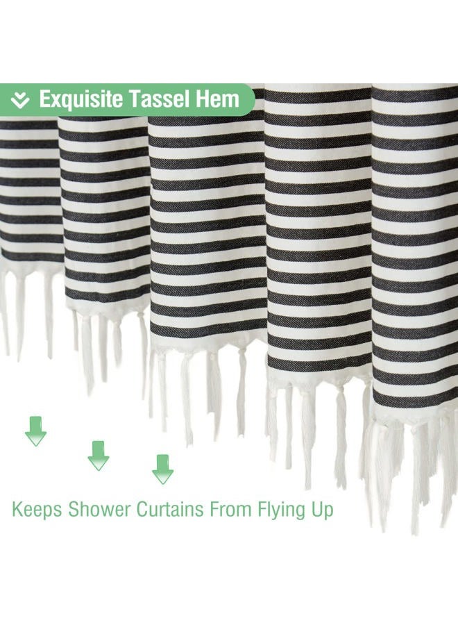 Dynamene Modern Farmhouse Fabric Shower Curtain - Cotton Cloth Grey and White Striped Shower Curtains with Boho Tassels for Bathroom, Hotel Luxury Bath Curtain Set with 6 Plastic Hooks, 36W x 72H Inch - Image 5