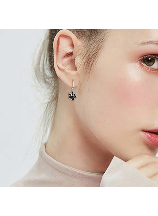 FANZE 925 Sterling Silver Dogs Paws Footprint Drop Dangle Earrings for Women with Cubic Zircon Cute Jewelry Gift for Bitrhday Anniversary Chrismas Black Sliver-Tone - Image 3