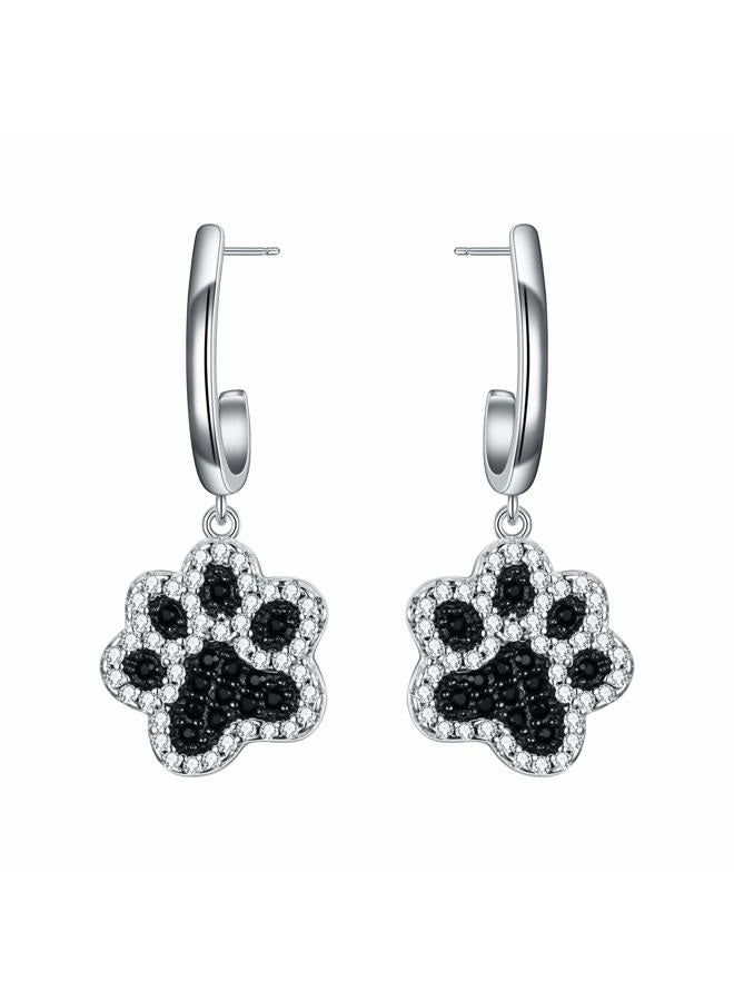 FANZE 925 Sterling Silver Dogs Paws Footprint Drop Dangle Earrings for Women with Cubic Zircon Cute Jewelry Gift for Bitrhday Anniversary Chrismas Black Sliver-Tone - Image 1
