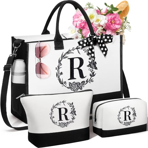 FLOE Personalized Gifts for Women, Initial Canvas Tote Bag & Makeup Bag Monogrammed Beach Tote Bags for Women w/ Zipper, Mothers Day Birthday Gifts for Mom Her Wife Girlfriend Sister Best Friend Teacher - Image 1