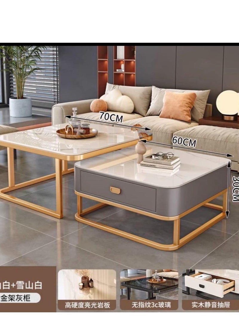 Coffee Table Set of 2 with Drawer, Modern Nesting Square Glass Coffee Table, Simple Center Tables End Table for Living Room, for Living Room, Bedroom, Balcony - Image 1