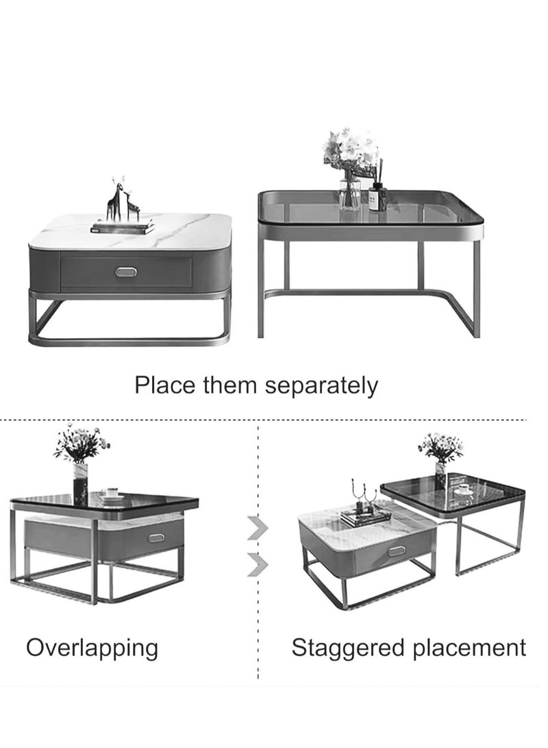 Coffee Table Set of 2 with Drawer, Modern Nesting Square Glass Coffee Table, Simple Center Tables End Table for Living Room, for Living Room, Bedroom, Balcony - Image 4