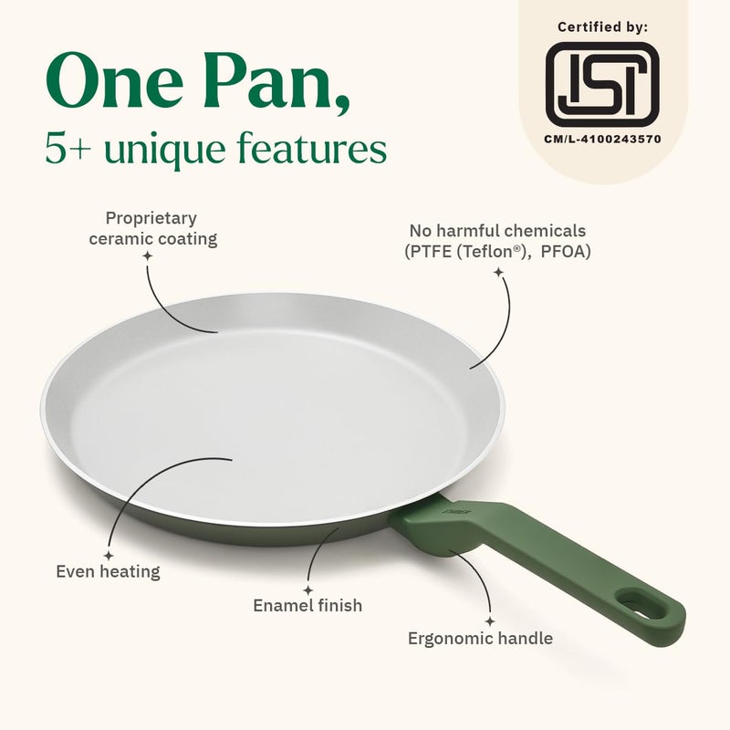 Ember Cookware طاسة أركيلا السيراميكية غير اللاصقة 28 سم | مقلاة روتي وتشباتي غير سامة | معتمدة من ISI | طاسة طهي سيراميكية | 1 ملعقة مسطحة | خالية من PFAS و PTFE | آمنة للاستخدام على الحث | خضراء - Image 2