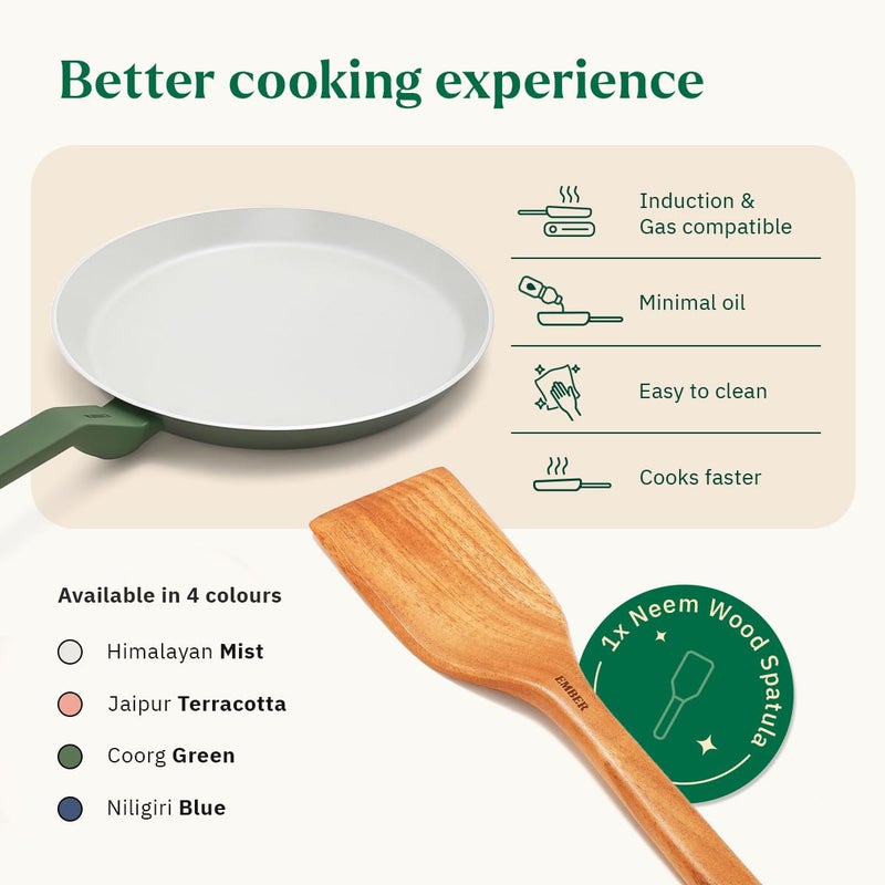 Ember Cookware طاسة أركيلا السيراميكية غير اللاصقة 28 سم | مقلاة روتي وتشباتي غير سامة | معتمدة من ISI | طاسة طهي سيراميكية | 1 ملعقة مسطحة | خالية من PFAS و PTFE | آمنة للاستخدام على الحث | خضراء - Image 3