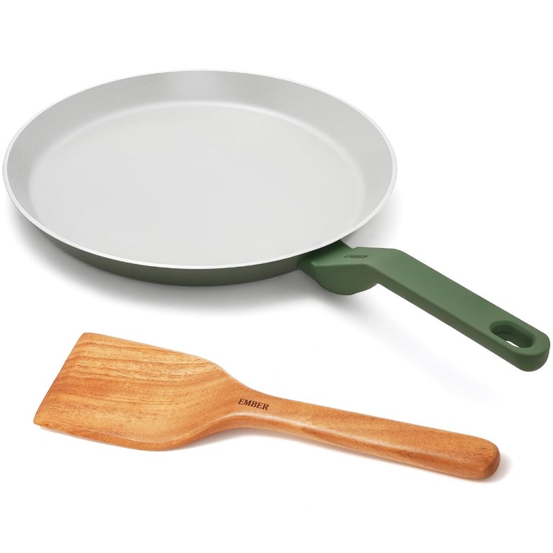 Ember Cookware طاسة أركيلا السيراميكية غير اللاصقة 28 سم | مقلاة روتي وتشباتي غير سامة | معتمدة من ISI | طاسة طهي سيراميكية | 1 ملعقة مسطحة | خالية من PFAS و PTFE | آمنة للاستخدام على الحث | خضراء - Image 1