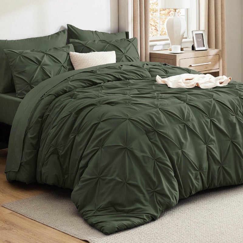 Bedsure Bedsure Queen Comforter Set Olive Green  Bed in a Bag Queen Size 7 Pieces GentleSoft Pintuck Bed Set Gift for Family Pinch Pleat Olive Green Comforter with Sheets Pillowcases  Shams 