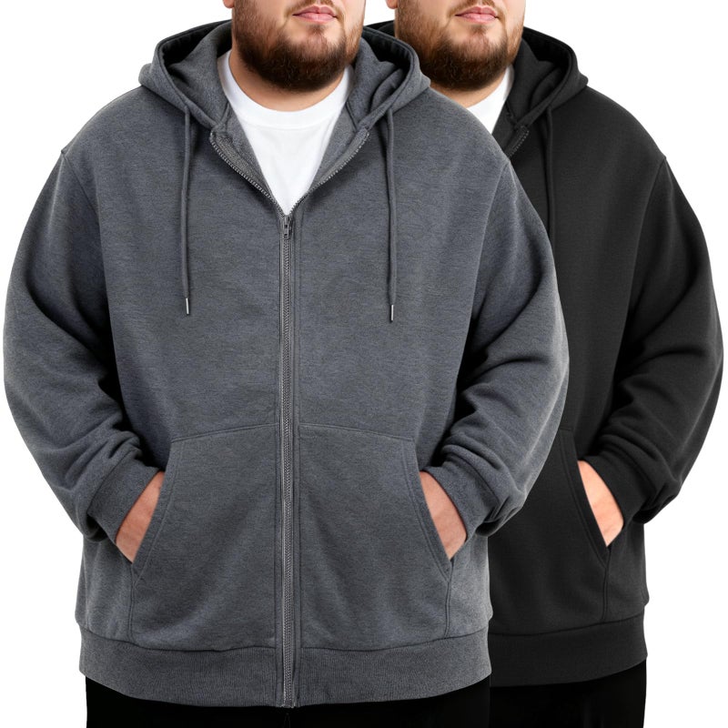 Chicingyou 2 Pcs Men's Big and Tall Lightweight Fleece Full-zip up Hoodie Jacket Loose Fit Sweatshirt Jacket with Pocket(2xl,Black,Gray) - Image 1