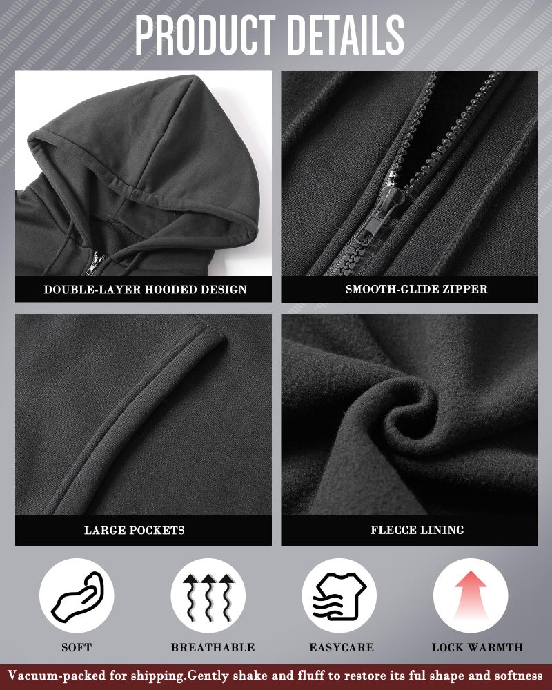 Chicingyou 2 Pcs Men's Big and Tall Lightweight Fleece Full-zip up Hoodie Jacket Loose Fit Sweatshirt Jacket with Pocket(2xl,Black,Gray) - Image 3