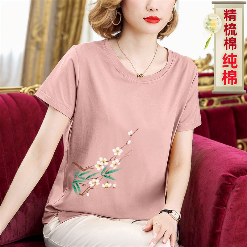 Mom''s Summer Cotton Short-Sleeve Top for Women, Large Size, Loose Fit, Middle-Aged Style, Chinese Style Half-Sleeve T-Shirt for Women - Image 2