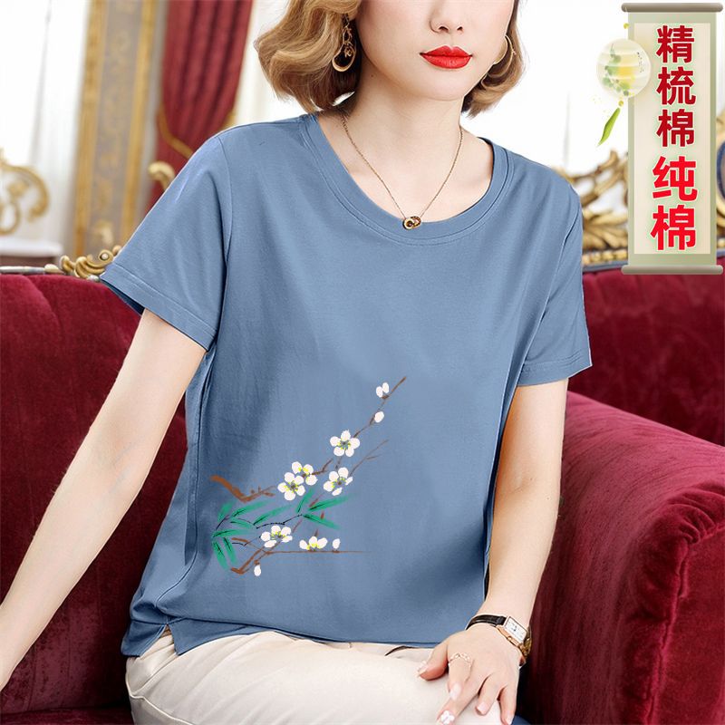 Mom''s Summer Cotton Short-Sleeve Top for Women, Large Size, Loose Fit, Middle-Aged Style, Chinese Style Half-Sleeve T-Shirt for Women - Image 3