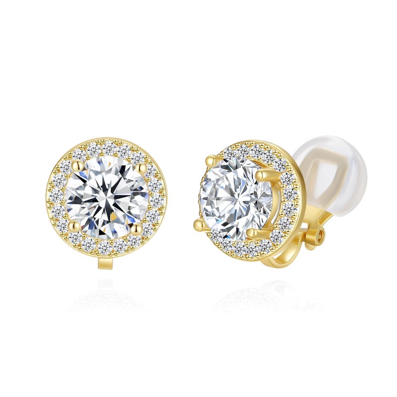 YOQUCOL Bright 8MM Cubic Zirconia Crystal Clip On Stud Earrings Round Golden Non Pierced Earrings For Women - Image 1