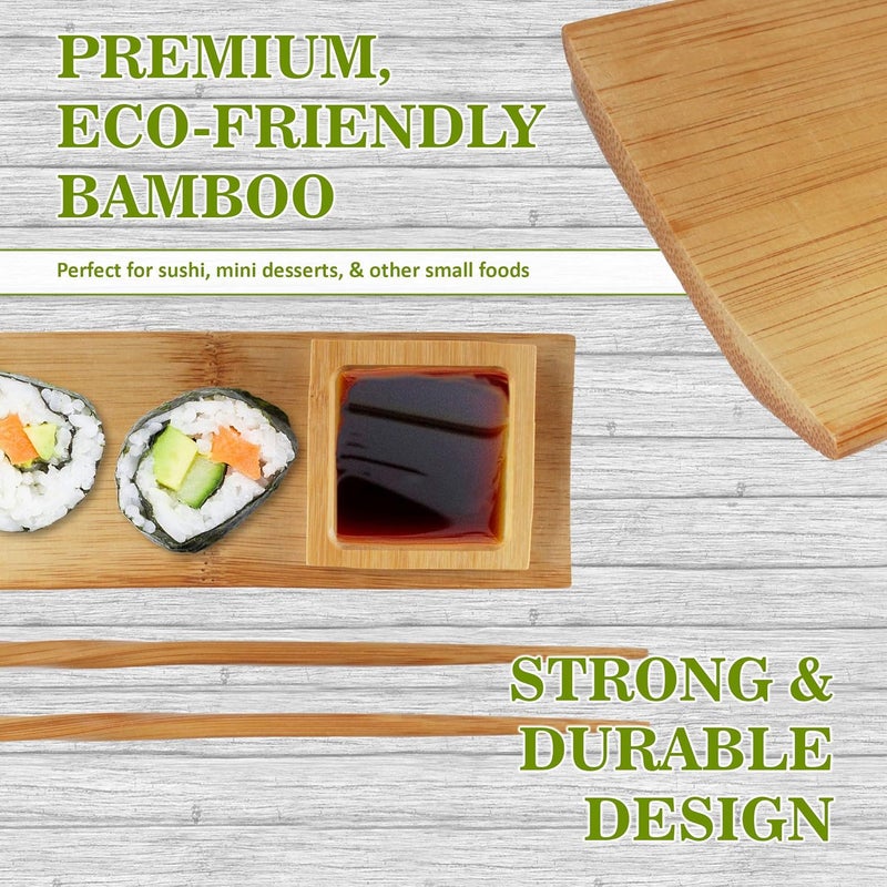 BambooMN 6 Piece 2 Sets of 7 Reusable EcoFriendly Carbonized Brown Bamboo Sushi Serving PlatesTrays Chopsticks and Soy Sauce Dishes Included - Image 3