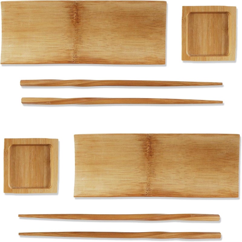BambooMN 6 Piece 2 Sets of 7 Reusable EcoFriendly Carbonized Brown Bamboo Sushi Serving PlatesTrays Chopsticks and Soy Sauce Dishes Included - Image 1