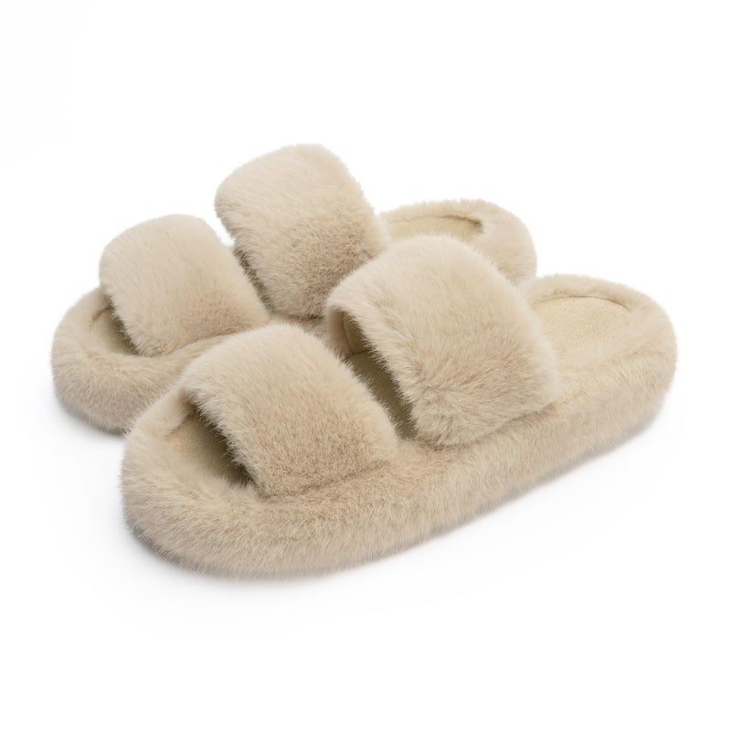 Chantomoo Women's Slippers Memory Foam Slippers for Women Fuzzy Comfy Faux Fur House Furry Indoor Open Two Bands Gift Slippers CamelSize 7 8 6.5 - Image 1