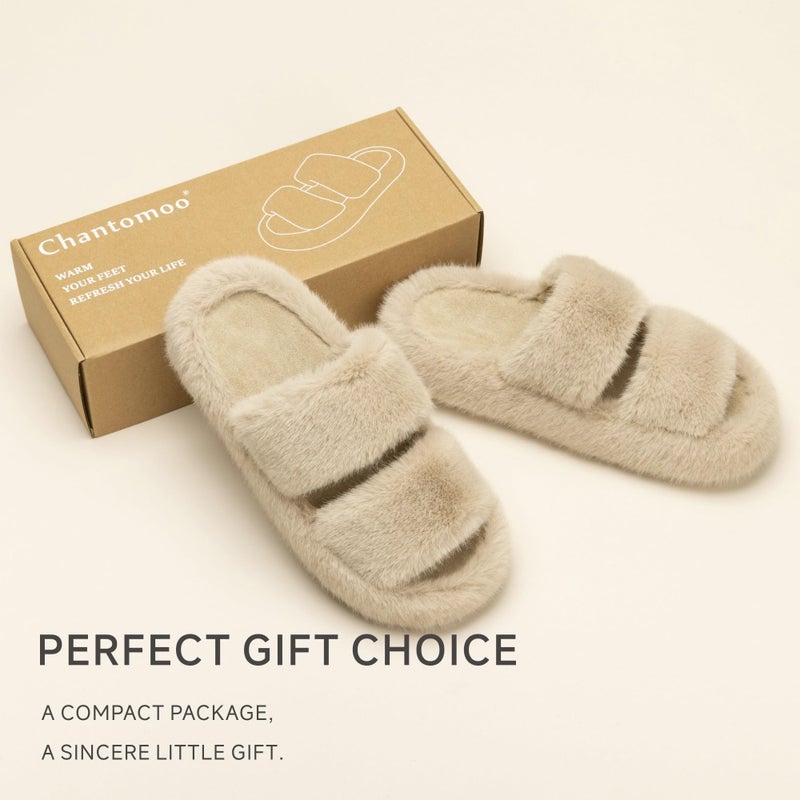 Chantomoo Women's Slippers Memory Foam Slippers for Women Fuzzy Comfy Faux Fur House Furry Indoor Open Two Bands Gift Slippers CamelSize 7 8 6.5 - Image 5