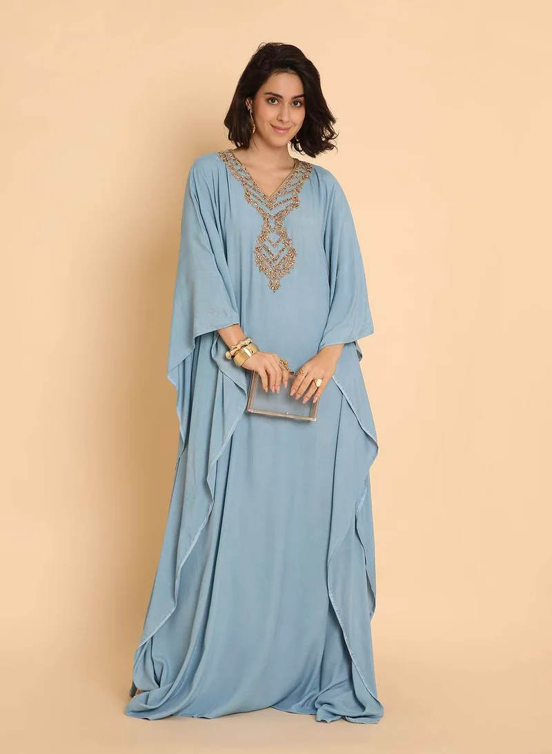 HANA & SARA Serene Sky Kaftan Jalabiya Dress - Embroidered Arabic Grace