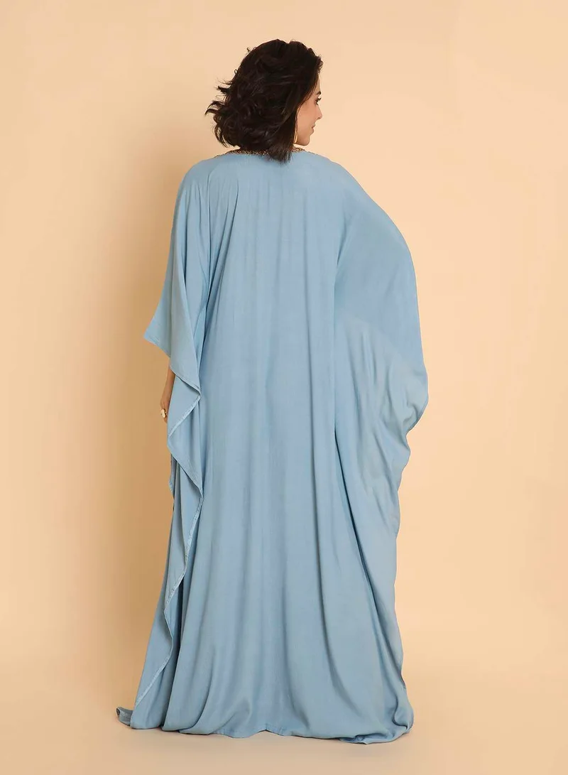 HANA & SARA Serene Sky Kaftan Jalabiya Dress - Embroidered Arabic Grace
