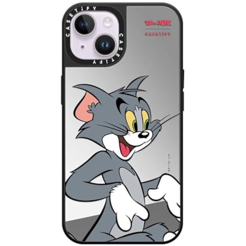 Casetify Mirror Case for iPhone 14 【Tom and Jerry Colab/Reflective / 4.9ft Drop Protection/Compatible with Magsafe】 - Tom Character - Silver on Black - Image 1