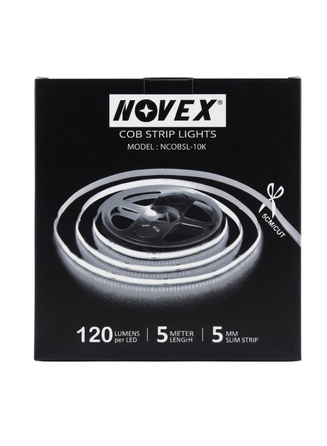 نوفيكس شريط إضاءة LED من نوع NOVEX بجهد 24 فولت – بطول 5 أمتار – إضاءة فائقة السطوع 10000 كلفن شريط إضاءة COB LED بدون فواصل (Seamless) – نحيف جداً 5 مم | لون أبيض بارد 10000 كلفن | 320 LED لكل متر | مثالي لإضاءة المنازل الحديثة والمطابخ العصرية - Image 3