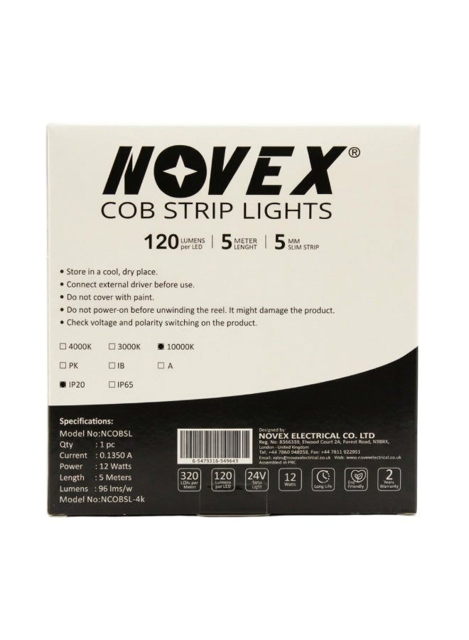 نوفيكس شريط إضاءة LED من نوع NOVEX بجهد 24 فولت – بطول 5 أمتار – إضاءة فائقة السطوع 10000 كلفن شريط إضاءة COB LED بدون فواصل (Seamless) – نحيف جداً 5 مم | لون أبيض بارد 10000 كلفن | 320 LED لكل متر | مثالي لإضاءة المنازل الحديثة والمطابخ العصرية - Image 2