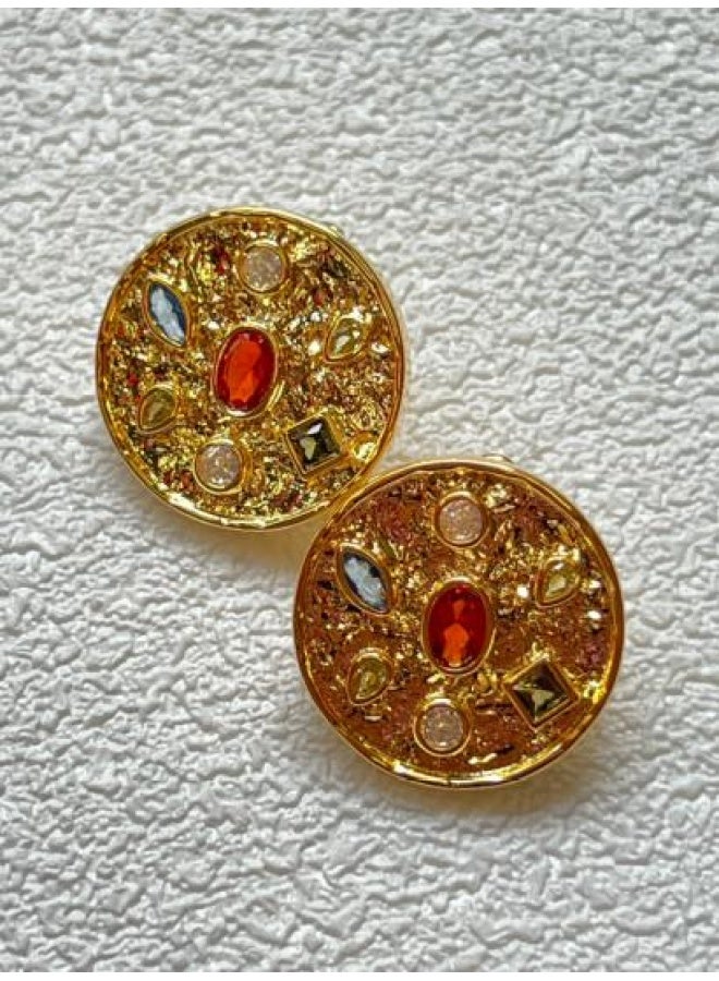 Chunky Geometric Gold Stud Earrings with Gemstones, Lightweight Hypoallergenic Stainless Steel Jewelry for Women - Vintage Large Ear Studs for Parties, Business & Special Events - Image 1