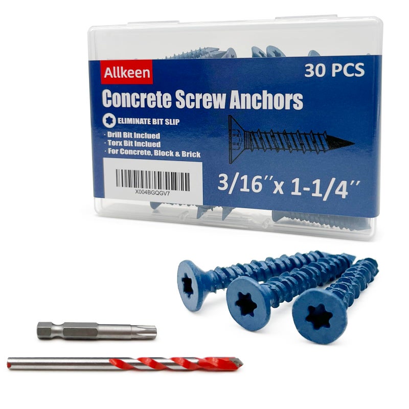 Allkeen 3/16" x 1-1/4" Concrete Screws, Anchoring to Masonry, Brick, Block, Cement or Stucco, 30PCS - Image 1
