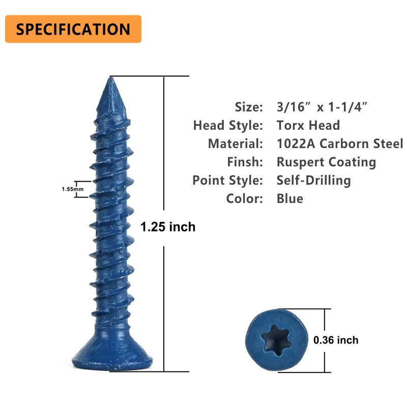 Allkeen 3/16" x 1-1/4" Concrete Screws, Anchoring to Masonry, Brick, Block, Cement or Stucco, 30PCS - Image 3