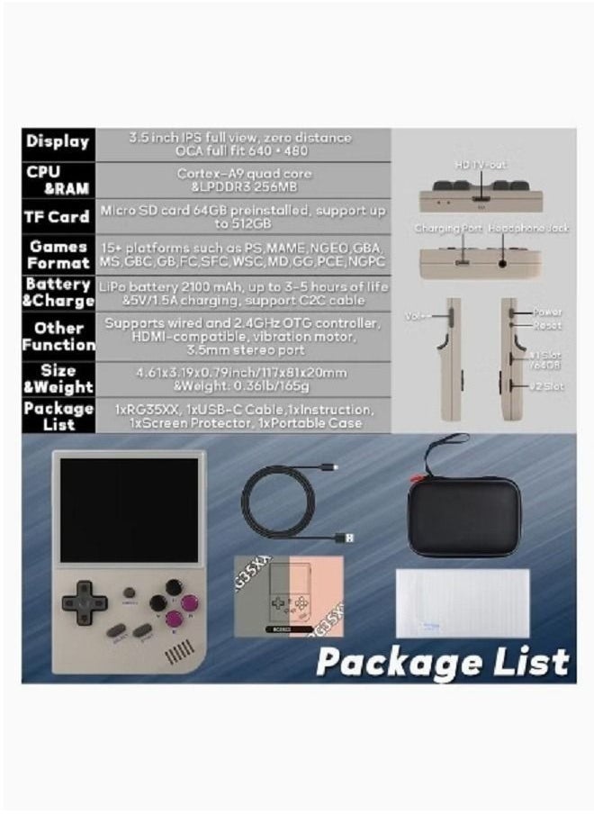 Generic - RG35XX Retro Handheld Game Console 3.5-inch IPS 640*480 Screen Linux System with a 64G Card Pre-Loaded 5000+ Games Supports HDMI and TV Output With Bag(Vintage Grey) - Image 1