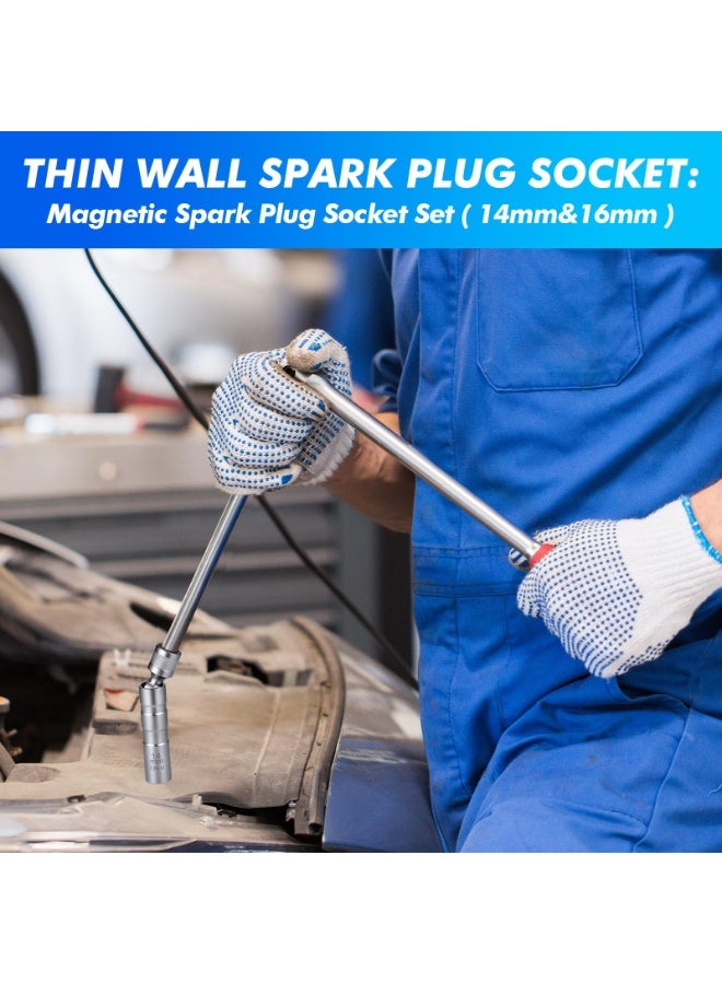 Spark Plug Socket Set, [14mm] Magnetic Rotating Spark Plug Socket, Automotive Parts Thin-Walled 3/8-Inch Drive Spark Plug Socket Disassembly Tool, 12 Point, 360 Degree Rotation, Compatible With Motorcycles - Image 5