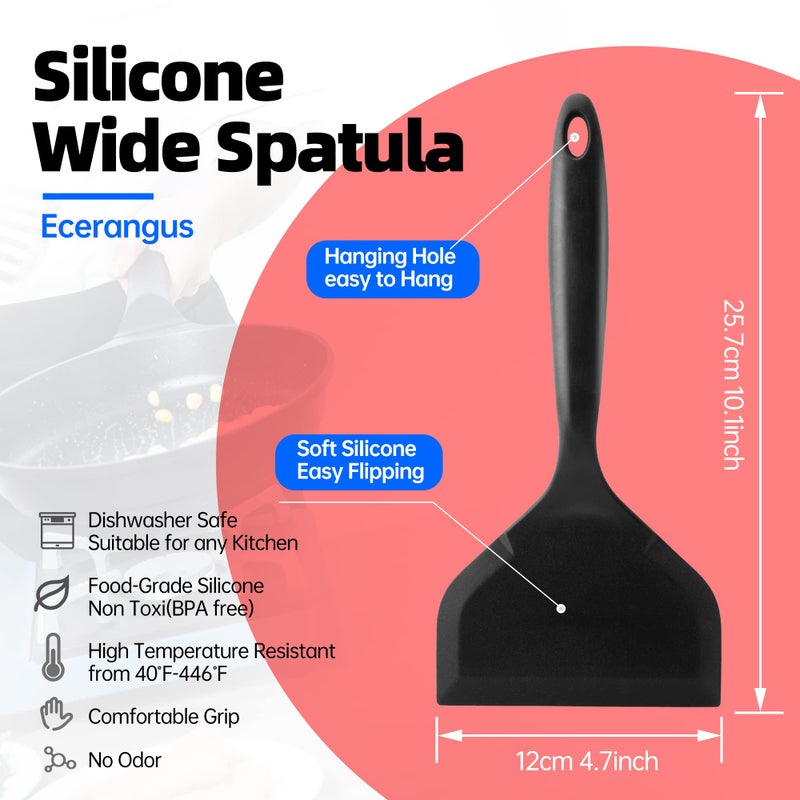 Ecerangus 2 Pack Silicone Pancakes Spatula Wide Pancakes Spatula Turner for Eggs Fish Pizza and Steak Shovel Omelette Spatulas for Nonstick Cookware Heat Resistant Kitchen Flipper Spatulas for Cooking (Black) - Image 2